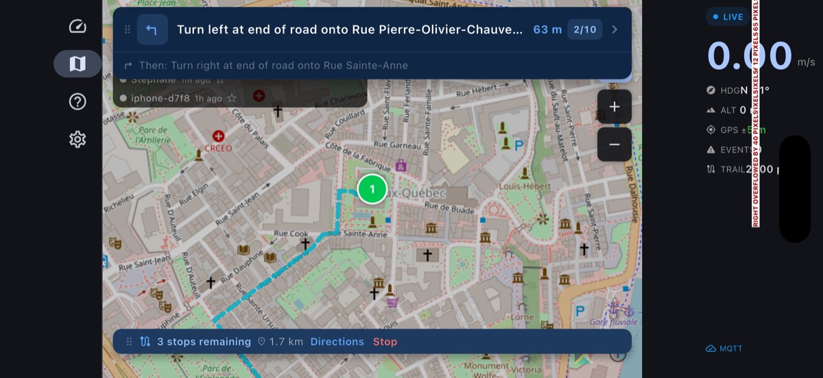 Map Telemetry landscape view — turn-by-turn route on the left, dashboard chips (speed, altitude, GPS accuracy, events, trail) on the right.
