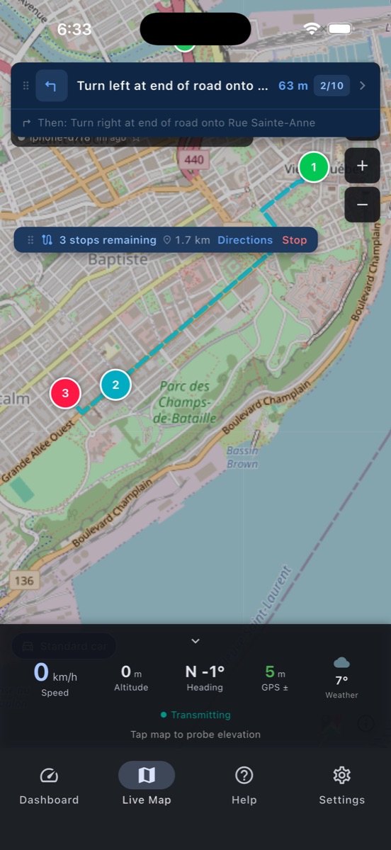 Map Telemetry navigation view — turn-by-turn directions over OpenStreetMap with multiple stops, route polyline, and live telemetry stats below the map.